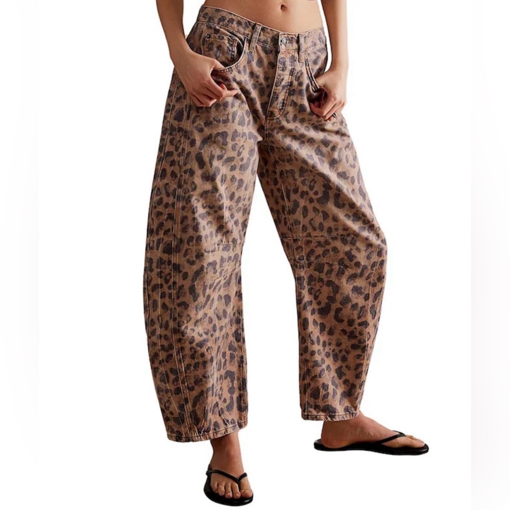 Free People Good Luck Barrel Leopard Print Jeans
